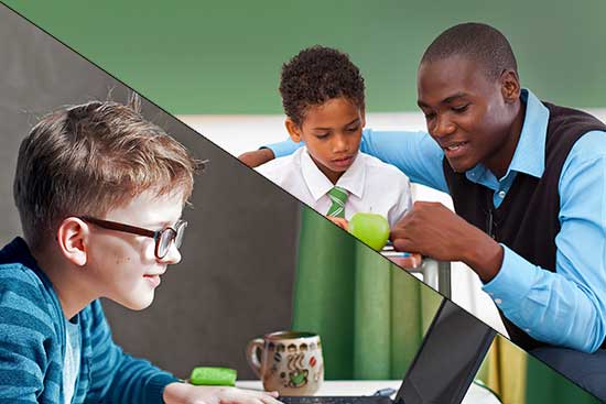 Split illustration of a classroom and a student working individually on a home laptop.